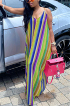 Yellow Fashion Casual adult Ma'am Spaghetti Strap Sleeveless V Neck Swagger Floor-Length Striped Dresses