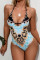 Blue Fashion Sexy V Neck Print Swimwears