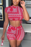 Red venetian Fashion Casual adult Ma'am Print backless Two Piece Suits pencil Short Sleeve Two Pieces