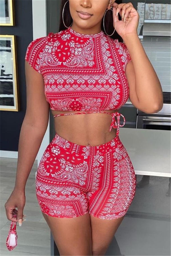 Red venetian Fashion Casual adult Ma'am Print backless Two Piece Suits pencil Short Sleeve Two Pieces