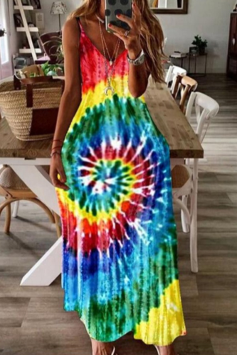 Red Fashion Sexy V Neck Sleeveless Spaghetti Strap Print Sling Dress Plus Size