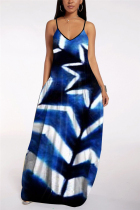 Deep Blue Fashion Sexy Off The Shoulder Sleeveless V Neck Sling Dress Floor Length Print Dresses