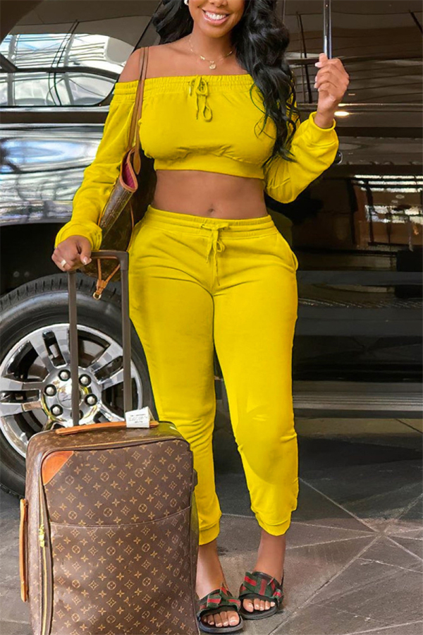 Yellow Fashion Sexy adult Ma'am Solid Two Piece Suits pencil Long Sleeve Two Pieces