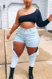 Light Blue Fashion Sexy Solid Plus Size Jeans