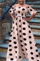 Pink England Off The Shoulder Short Sleeves One word collar Swagger Floor-Length Print Polka Dot Draped backless hollow out ruffle asymmetrical Dresses