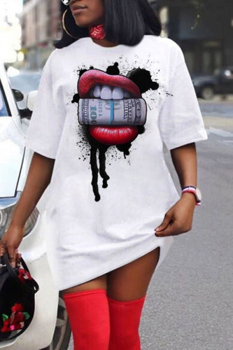 White Fashion Sexy O Neck Print Plus Size