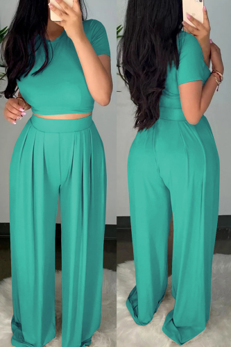 Green Casual Solid Patchwork O Neck Short Sleeve Short Two Pieces