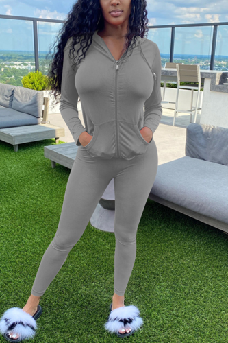 Grey Fashion Sexy adult Ma'am Patchwork Solid Two Piece Suits pencil Long Sleeve Two Pieces