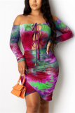 purple Fashion Casual adult Ma'am Off The Shoulder Long Sleeves One word collar Step Skirt Knee-Length Tie and dye Dresses