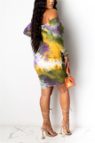 Green Fashion Casual adult Ma'am Off The Shoulder Long Sleeves One word collar Step Skirt Knee-Length Tie and dye Dresses