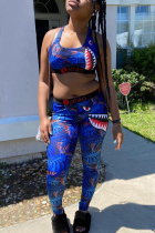 Light Blue Fashion Sportswear Sleeveless O Neck Off The Shoulder Short Print Two Pieces