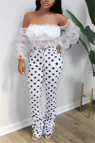 White venetian Street Dot Mesh perspective Draped Boot Cut Half Sleeve Two Pieces