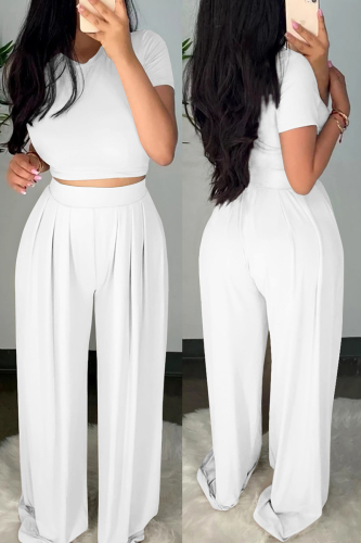 White Casual Solid Patchwork O Neck Short Sleeve Short Two Pieces