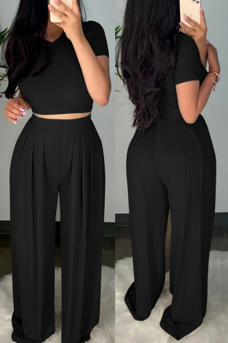 Black Casual Solid Patchwork O Neck Short Sleeve Short Two Pieces