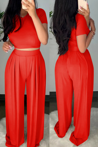 Red Casual Solid Patchwork O Neck Short Sleeve Short Two Pieces