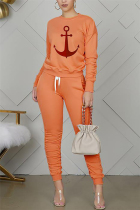 Orange venetian Fashion Casual adult Ma'am Patchwork Print Two Piece Suits pencil Long Sleeve Two Pieces