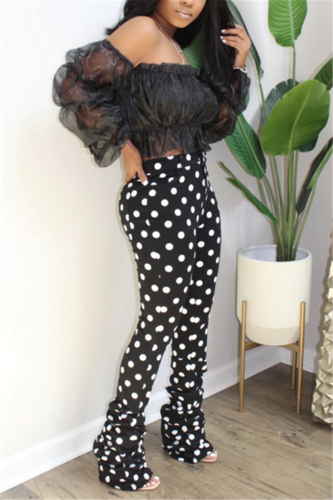 Black venetian Street Dot Mesh perspective Draped Boot Cut Half Sleeve Two Pieces