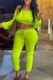 Fluorescent green Fashion Sexy adult Ma'am Solid Two Piece Suits pencil Long Sleeve Two Pieces