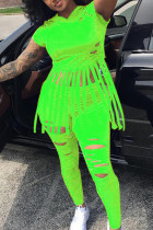 Fluorescent Green Sexy Short Sleeve Hooded Collar Regular Sleeve Short Solid Two Pieces