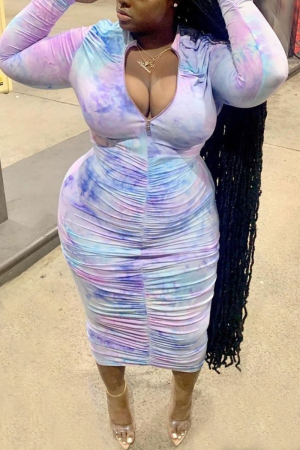 Blue Europe and America Ma'am OL V Neck Print Draped Gradient Plus Size