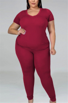 Wine Red Casual O Neck Short Sleeve Regular Sleeve Solid Plus Size Set