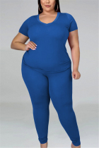 Blue Fashion Casual adult Ma'am O Neck Solid Two Piece Suits Plus Size