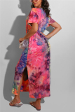 Pink Europe and America Short Sleeves O neck Pencil Dress Ankle-Length Print Tie and dye Dresses