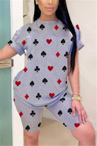 Grey venetian Fashion Casual adult Ma'am Print Two Piece Suits pencil Short Sleeve Two Pieces