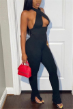 Black Sexy Solid Draped Split Blend Sleeveless Hanging neck Jumpsuits