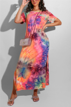 Pink Europe and America Short Sleeves O neck Pencil Dress Ankle-Length Print Tie and dye Dresses