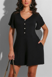 Black Fashion Casual Solid Short Sleeve O Neck Rompers