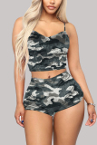 Blue Milk Silk Fashion Sexy adult Ma'am Camouflage Two Piece Suits pencil Sleeveless Two Pieces