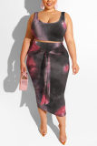 Maroon Sexy Slip Print Belt Tie Dye Plus Size