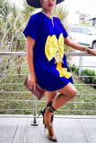 Blue Fashion adult Ma'am Lightly cooked Cap Sleeve Short Sleeves V Neck Swagger Knee-Length Print Dresses
