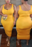 Yellow Sexy O Neck Solid Plus Size