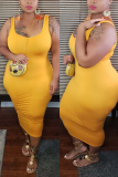 Yellow Sexy O Neck Solid Plus Size