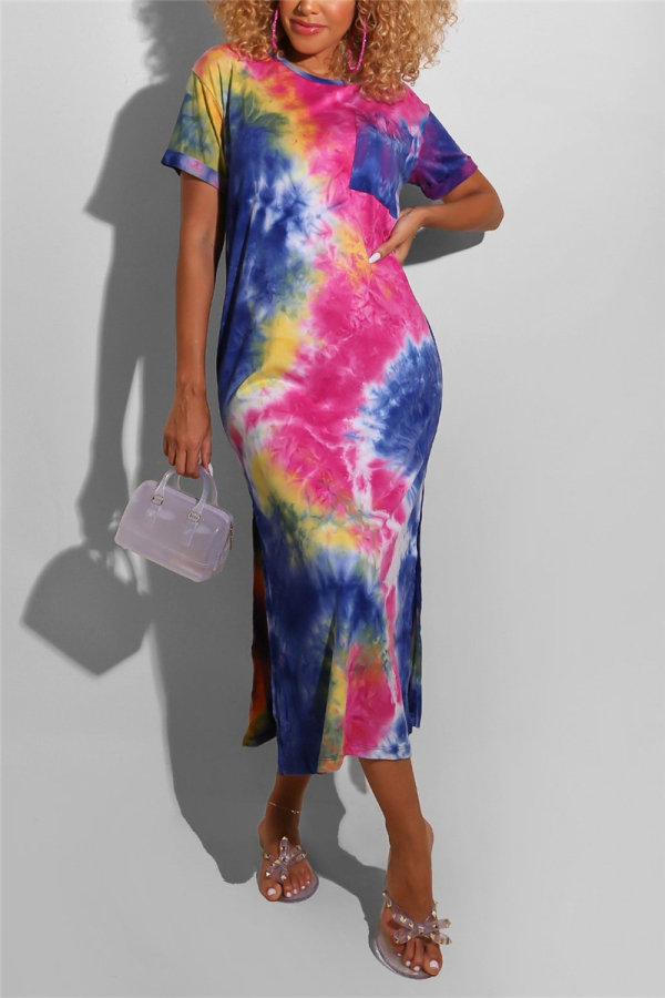 Blue Europe and America Short Sleeves O neck Pencil Dress Ankle-Length Print Tie and dye Dresses