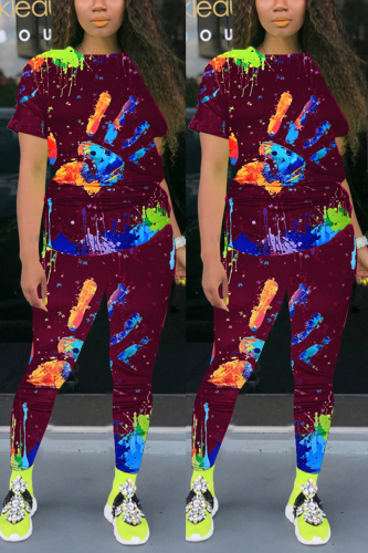 Wine Red Fashion adult Ma'am Street Print scrawl Two Piece Suits pencil Short Sleeve Two Pieces