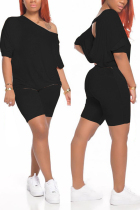 Black Fashion Sexy adult Ma'am Solid backless Two Piece Suits Straight Half Sleeve Two Pieces