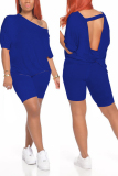 Blue Fashion Sexy adult Ma'am Solid backless Two Piece Suits Straight Half Sleeve Two Pieces