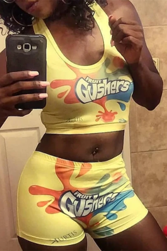Yellow Fashion Sexy adult Ma'am Letter Print Two Piece Suits Straight Sleeveless Two Pieces