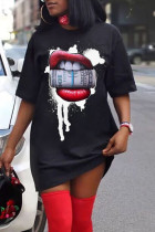 Black Fashion Casual adult Ma'am Cap Sleeve Short Sleeves O neck Swagger Knee-Length Print Dresses