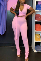 Pink Sexy V Neck Regular Sleeve Short Solid Two Pieces