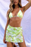 Green Fashion Sexy V Neck Print Swimwears Three-piece Set