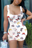 White Fashion Tank Sleeveless U Neck A Line Mini Butterfly Print Dresses