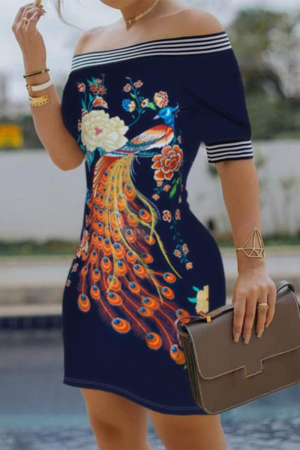Tibetan Blue Fashion Sexy Off The Shoulder Sleeveless Bateau Neck Pencil Skirt Knee Length Print Dresses