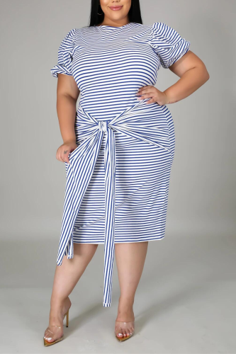 Blue Fashion Casual O Neck Short Sleeve Regular Sleeve Striped Short Sleeve Dress Plus Size