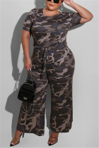 Multi Fashion Casual Plus Size O Neck Short Sleeve Regular Sleeve Camouflage Print Jumpsuit