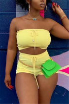 Yellow Sexy Sleeveless Strapless Off The Shoulder Short Solid Two Pieces