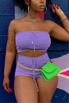 Purple Sexy Sleeveless Strapless Off The Shoulder Short Solid Two Pieces